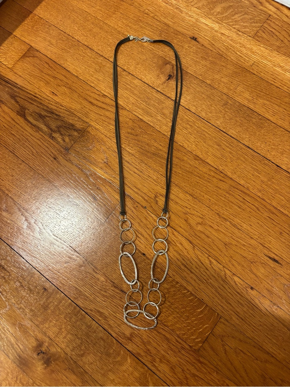 Long Gold Link Necklace with Brown Leather Cord